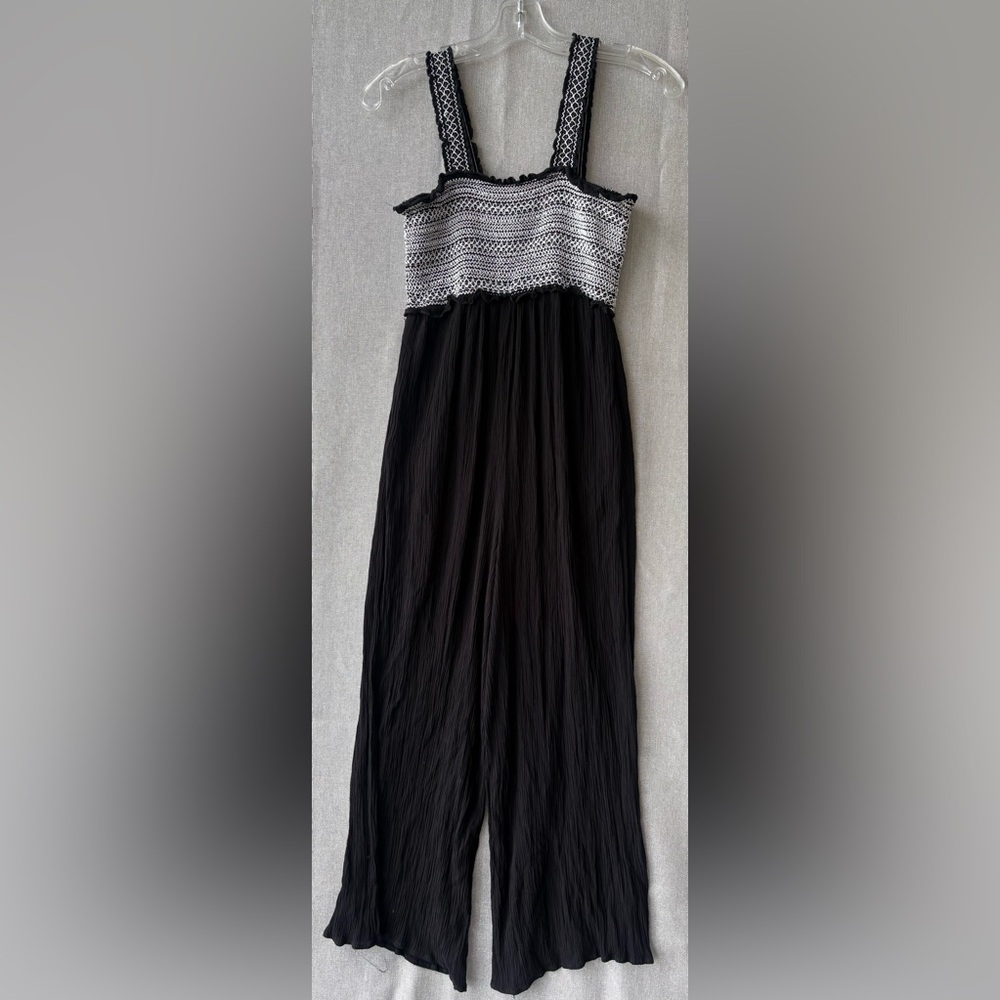 Women's Black Wide-Leg Jumpsuit with Textured White smocked Bodice size M